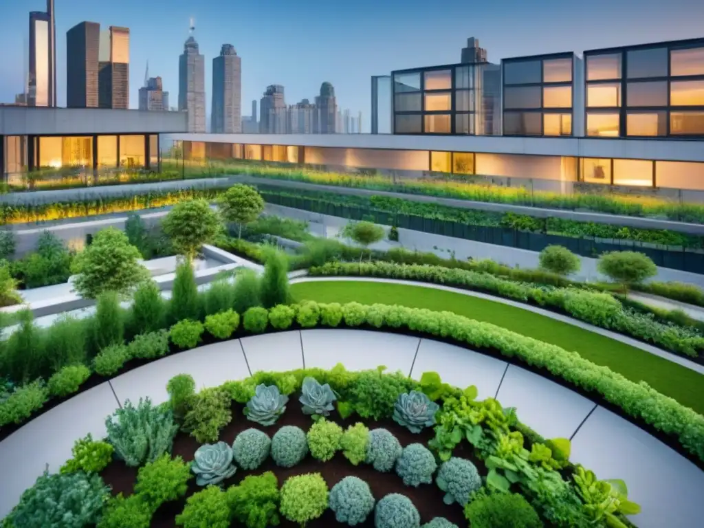 Jardín verde en azotea: oasis en la ciudad Un oasis verde en la ciudad: Estrategias de inversión en infraestructura verde se integran armoniosamente en un jardín urbano en la azotea