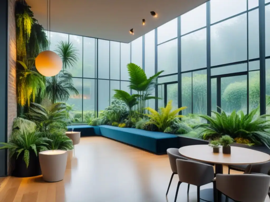 Espacio comercial futurista con jardín interior exuberante Un oasis verde en un espacio comercial moderno, fusionando naturaleza y arquitectura