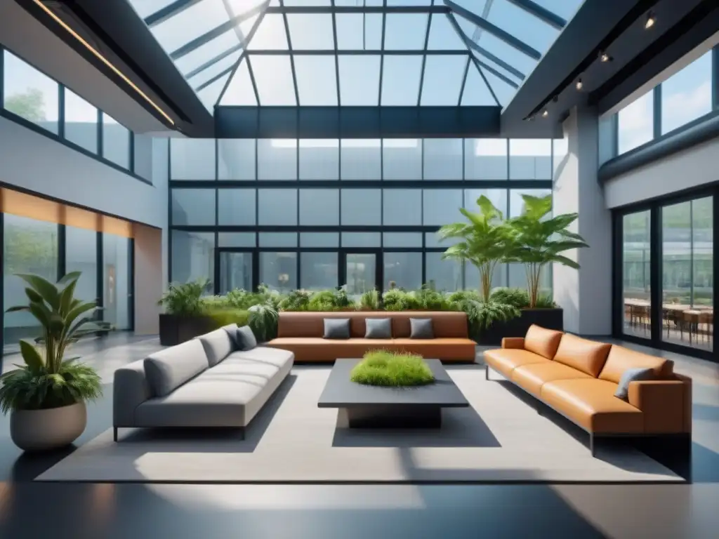 Espacio comercial innovador con áreas verdes y diseño contemporáneo Un oasis verde en un espacio comercial moderno, integrando naturaleza y diseño contemporáneo