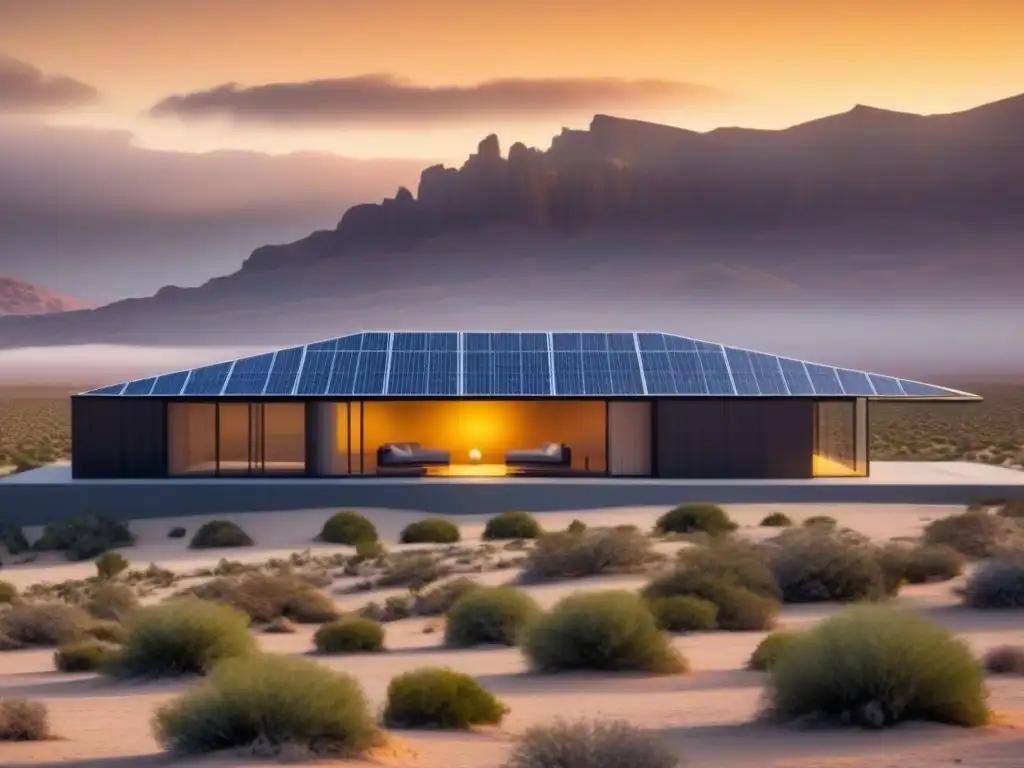 Arquitectura sostenible: oasis futurista en el desierto Una obra maestra arquitectónica en un paisaje desértico, con diseño futurista y paneles solares integrados, reflejando la luz del sol