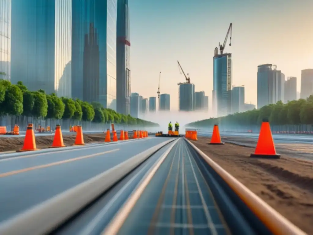 Moderna infraestructura urbana en construcción en ciudad futurista Obras de infraestructura de agua y saneamiento en ciudad futurista con rascacielos y espacios verdes