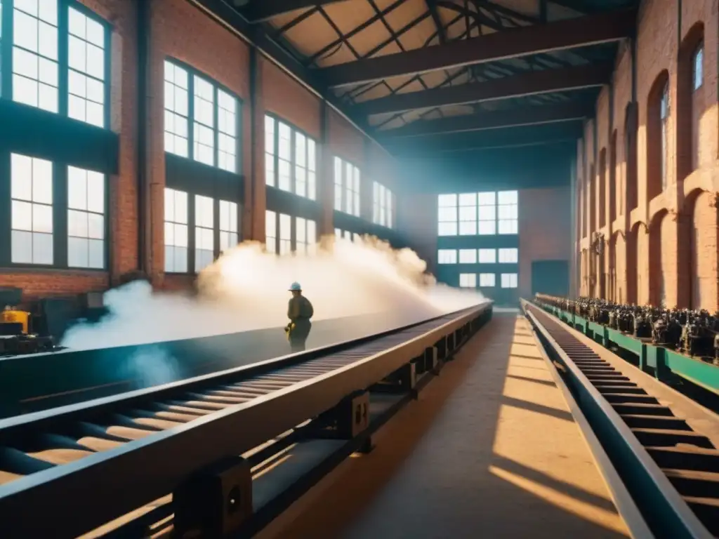 Escena detallada de fábrica en la Revolución Industrial Obreros en fábrica histórica, luz solar y maquinaria