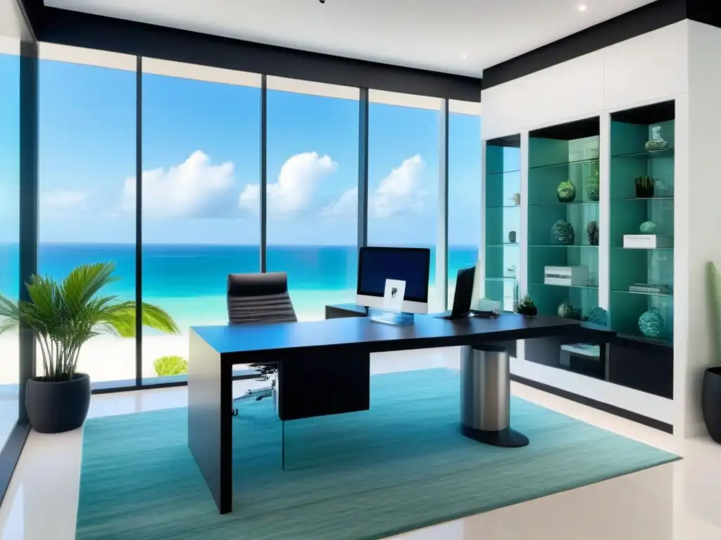 Oficina inmobiliaria de lujo en el Caribe Oficina de agente inmobiliario en el Caribe con vista al mar, diseño moderno y sofisticado