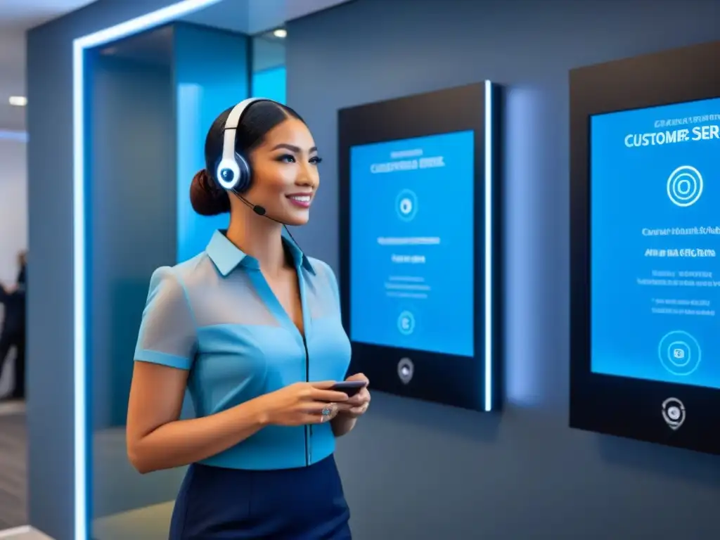 Oficina futurista con asistente virtual AI y tecnología innovadora Oficina de bienes raíces futurista con asistente virtual de IA interactuando con clientes diversos