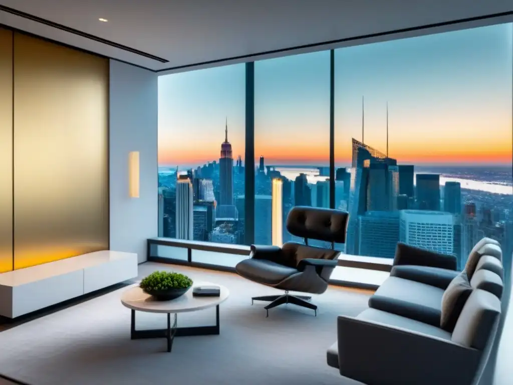 Oficina inmobiliaria de lujo con vista a la ciudad y decoración elegante Oficina de bienes raíces de lujo con vista a la ciudad, muebles contemporáneos y arte elegante