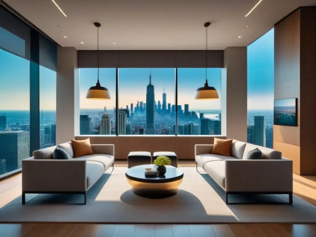 Oficina inmobiliaria de lujo con vista panorámica Oficina de bienes raíces moderna y lujosa con mobiliario minimalista, pantalla digital y vista panorámica de la ciudad, bañada en luz natural