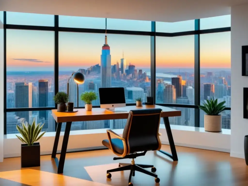 Oficina doméstica de lujo con vista panorámica a la ciudad Una oficina en casa contemporánea con vista panorámica a la ciudad y elementos de diseño lujosos, ideal para teletrabajo e inversiones inmobiliarias