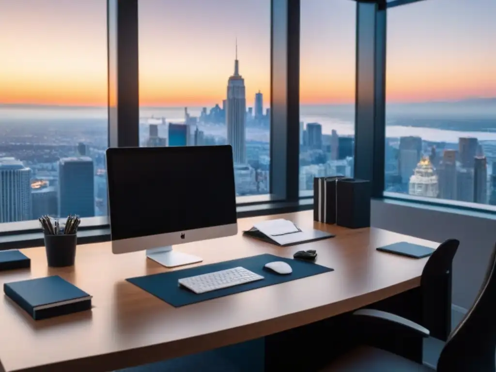 Oficina financiera moderna para planificar a largo plazo Oficina en casa moderna con herramientas de preparación financiera antes de comprar casa, con vista urbana al atardecer