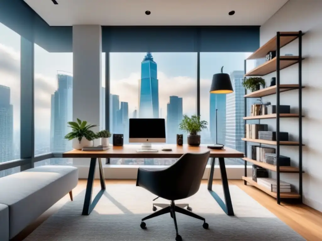 Oficina en casa minimalista con vista a la ciudad Oficina en casa moderna con vista a la ciudad, perfecta para el teletrabajo