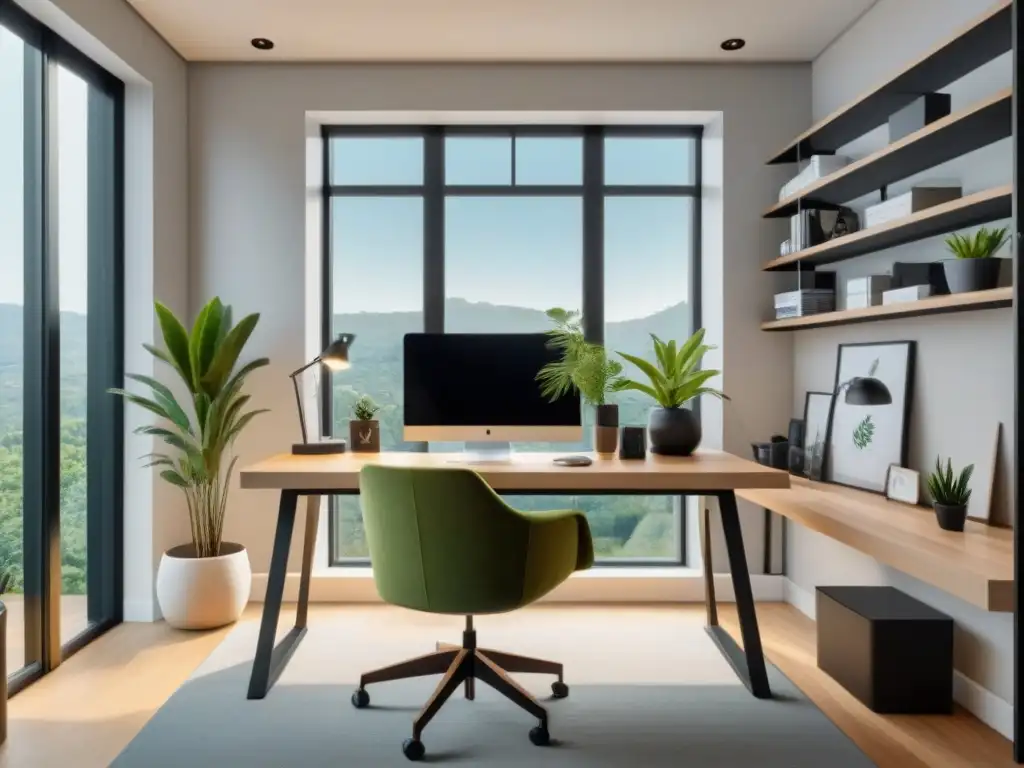 Oficina en casa de diseño de propiedades con elegante mobiliario y detalles modernos, creando un espacio sereno y productivo