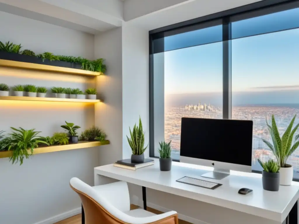 Oficina en casa de diseño de propiedades con elegante decoración minimalista y vistas urbanas, bañada en luz natural