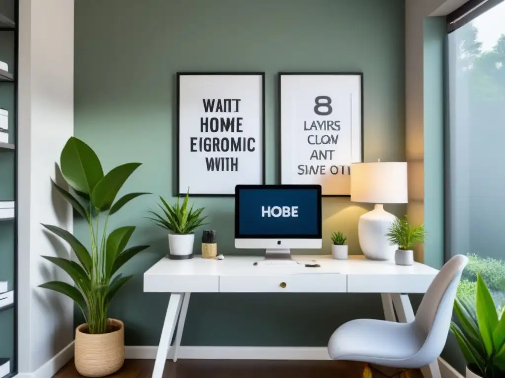 Oficina en casa de diseño de propiedades con escritorio minimalista blanco, silla ergonómica, suministros de oficina y planta verde en maceta elegante