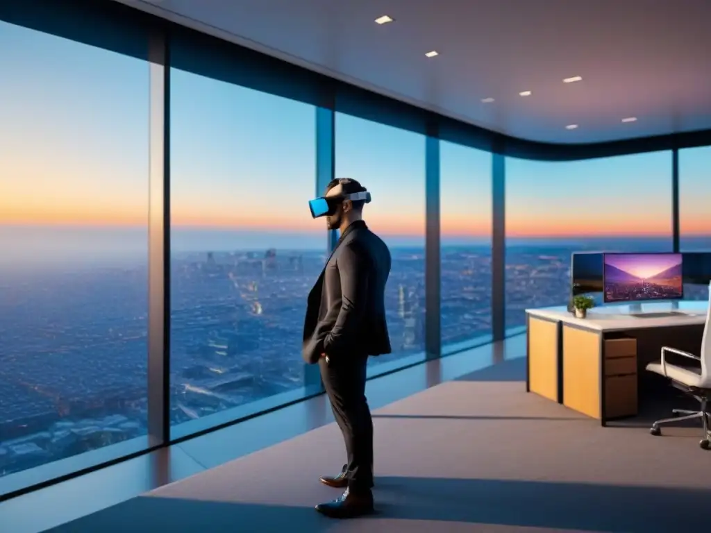 Oficina inmobiliaria futurista con tecnología de vanguardia Oficina futurista en bienes raíces con automatización innovadora
