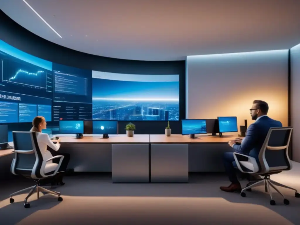 Oficina futurista: Integración AI y profesionales en ambiente high-tech Oficina futurista en inmobiliaria: AI y humanos colaboran en sala hi-tech