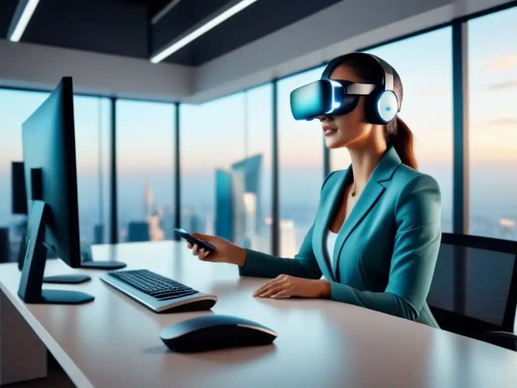 Oficina futurista con IA avanzada en 8k Oficina futurista con IA en el mercado inmobiliario, tecnología de vanguardia y ambiente innovador