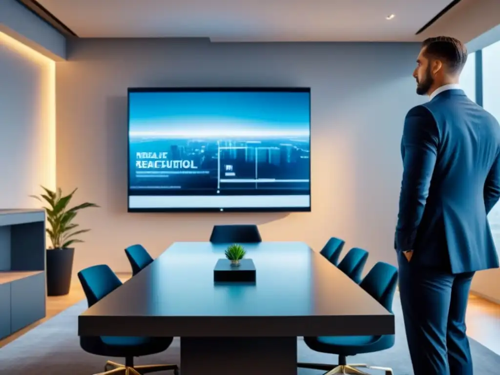 Oficina futurista con análisis de mercado inmobiliario en tiempo real Oficina futurista con profesionales analizando mercado inmobiliario con IA