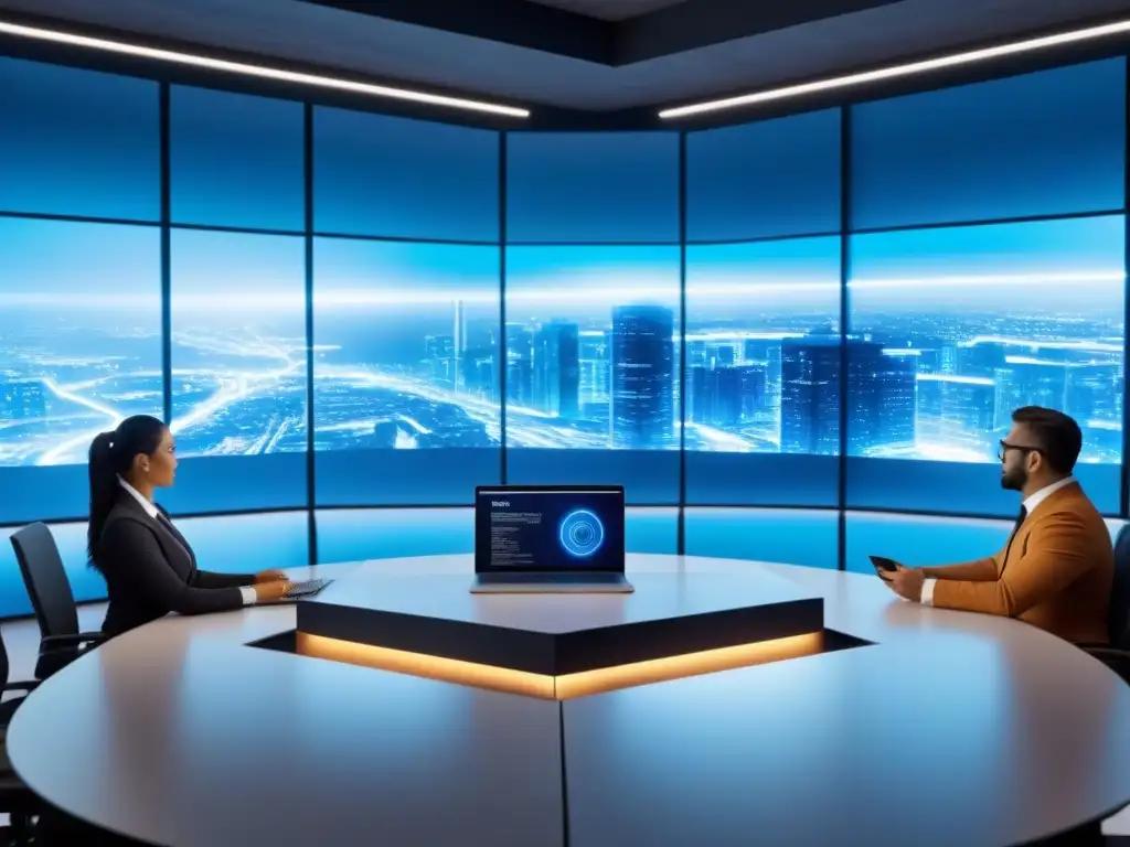 Oficina futurista con IA: Negocios inmobiliarios avanzados Una oficina futurista con profesionales discutiendo sobre seguridad en una proyección holográfica