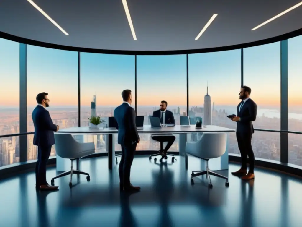 Inversión inmobiliaria digital: sala futurista con tecnología de vanguardia Oficina futurista con tecnología avanzada y profesionales diversificados discutiendo estrategias de inversión inmobiliaria