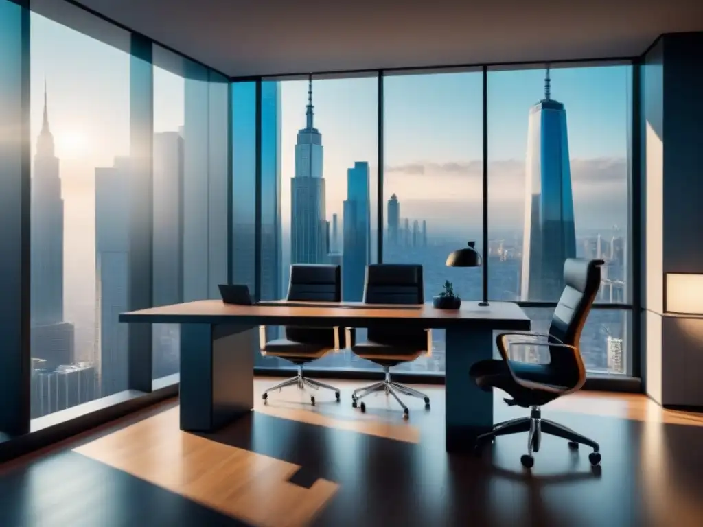 Oficina futurista de lujo con vistas a la ciudad Oficina inmobiliaria futurista con herramientas de seguimiento de leads