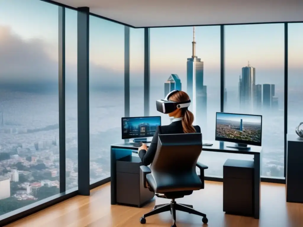 Oficina inmobiliaria futurista en CDMX con realidad virtual Oficina inmobiliaria futurista en CDMX con tecnología avanzada y vista panorámica de la ciudad