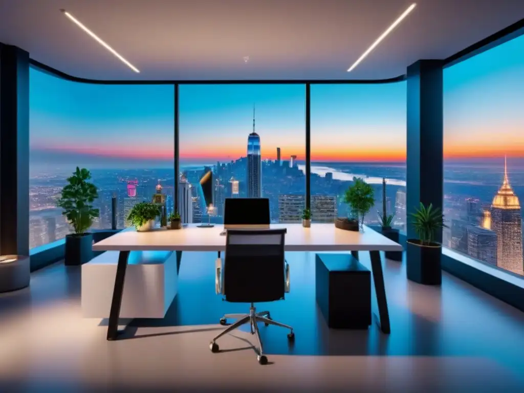 Oficina inmobiliaria futurista de lujo en la ciudad Oficina inmobiliaria futurista con tecnología avanzada y equipo diverso trabajando en estrategias de marketing automatizado en una ciudad vibrante