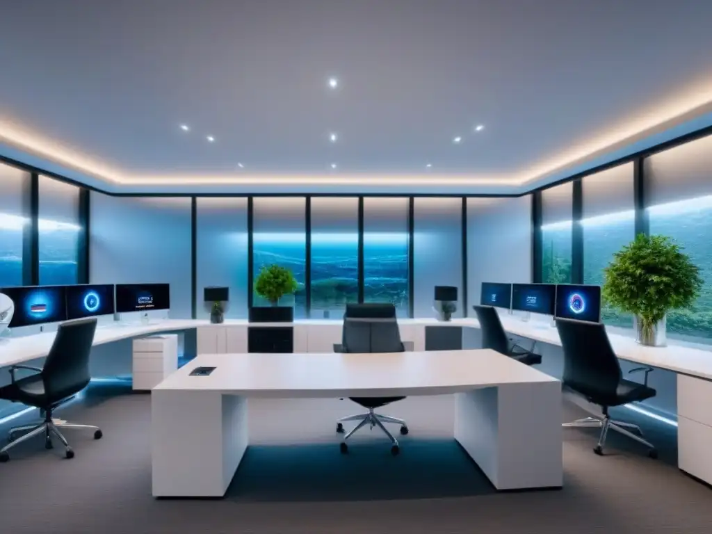 Oficina inmobiliaria futurista: tecnología avanzada y automatización Una oficina inmobiliaria futurista con tecnología de vanguardia y automatización en acción
