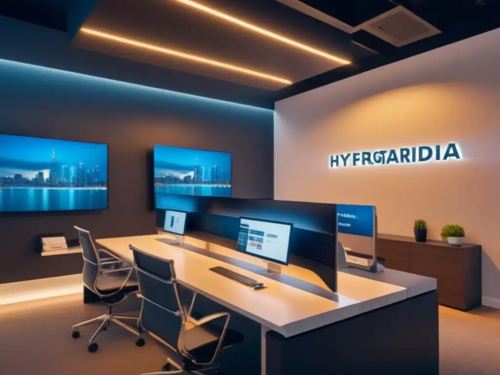 Oficina inmobiliaria futurista con tecnología inteligente integrada Oficina inmobiliaria futurista con automatización y tecnología avanzada