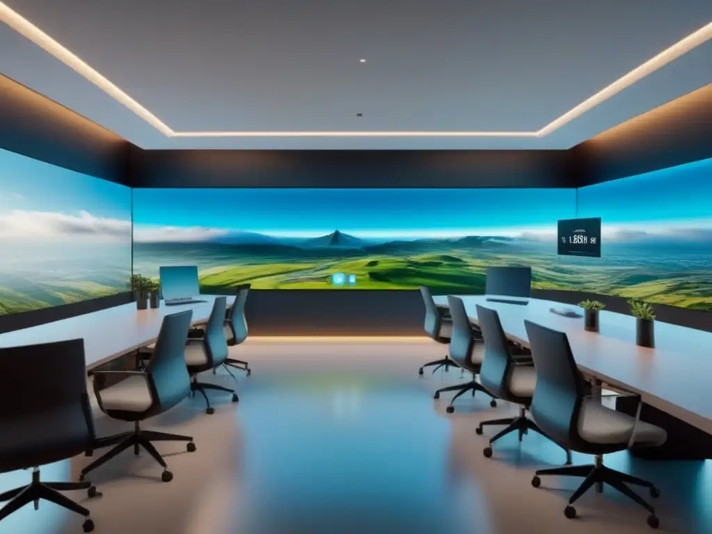 Oficina inmobiliaria futurista: tecnología de vanguardia y colaboración Oficina inmobiliaria futurista con tecnología avanzada y profesionales colaborando en un ambiente dinámico