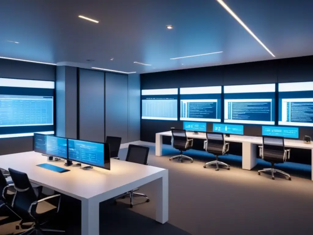 Oficina inmobiliaria futurista: innovación y eficiencia tech Oficina inmobiliaria futurista con tecnología avanzada y profesionales colaborando en un entorno innovador
