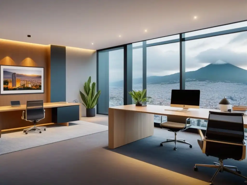 Oficina inmobiliaria de lujo en CDMX Oficina inmobiliaria moderna en CDMX con agentes y clientes, arte mexicano y tecnología de punta