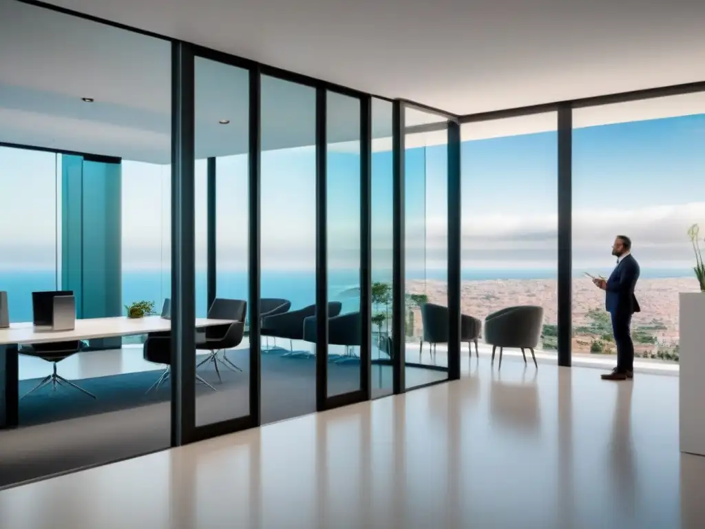 Oficina inmobiliaria de lujo en España: modernidad y profesionalismo Oficina inmobiliaria moderna en España: agentes profesionales, diseño elegante y tecnología avanzada