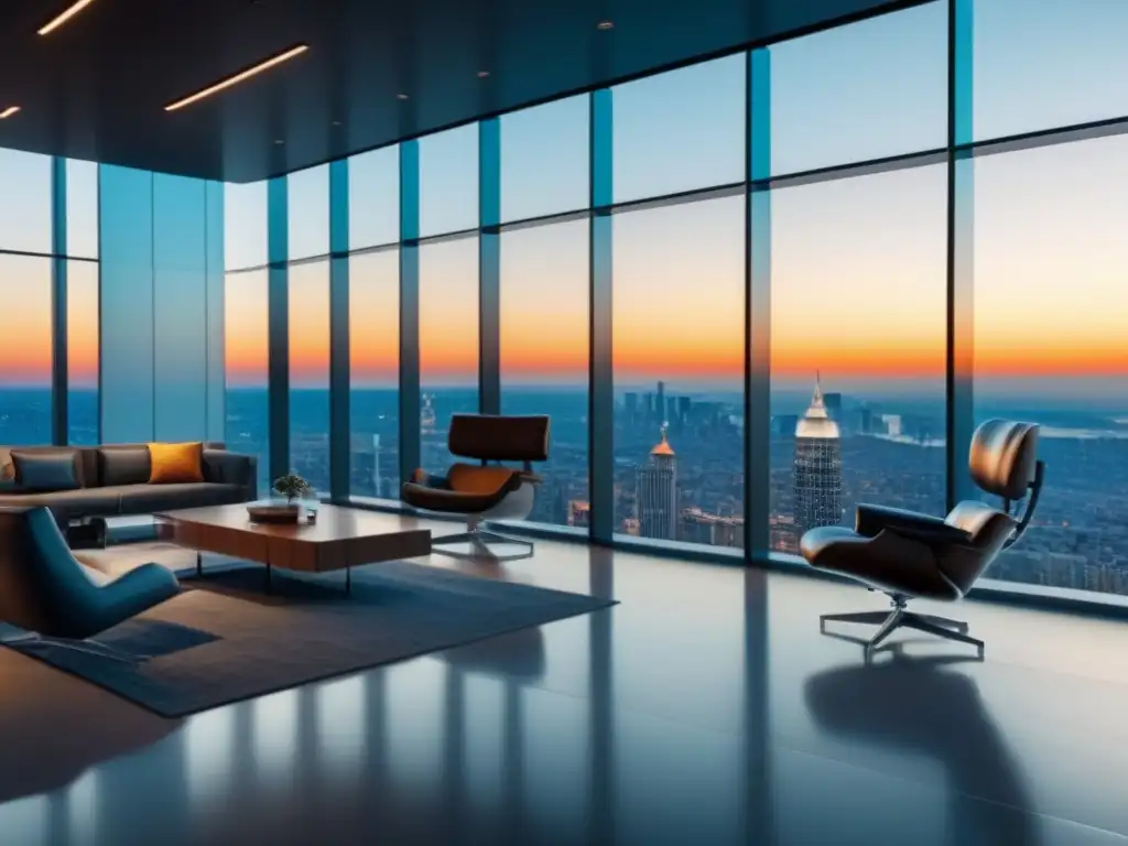 Oficina inmobiliaria de vanguardia en la ciudad Oficina inmobiliaria moderna con avanzada tecnología y diseño futurista en la ciudad