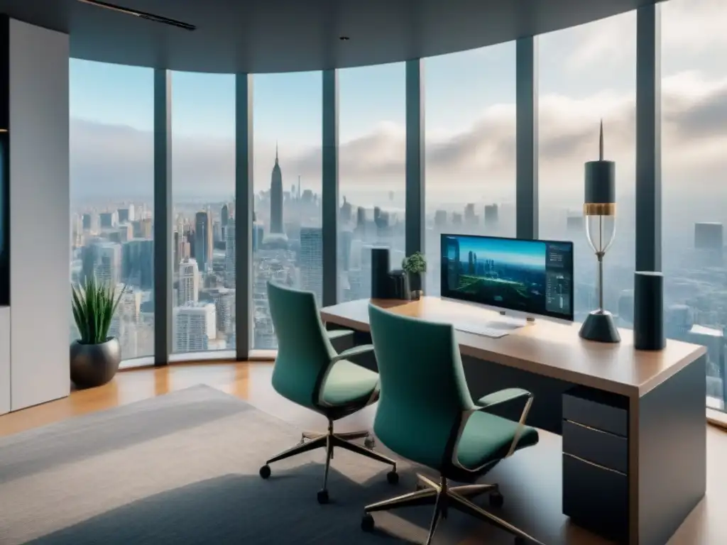 Oficina inmobiliaria futurista de diseño vanguardista en 8k Oficina inmobiliaria moderna con chatbots integrados