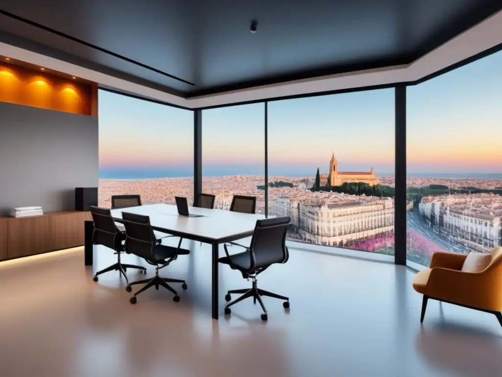 Oficina inmobiliaria de diseño en España: modernidad y elegancia en 8k Una oficina inmobiliaria moderna en España con diseño minimalista y vistas panorámicas