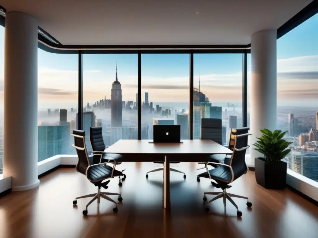 Oficina inmobiliaria moderna y colaborativa en ciudad vibrante Una oficina inmobiliaria moderna y elegante con profesionales diversos discutiendo estrategias de marketing