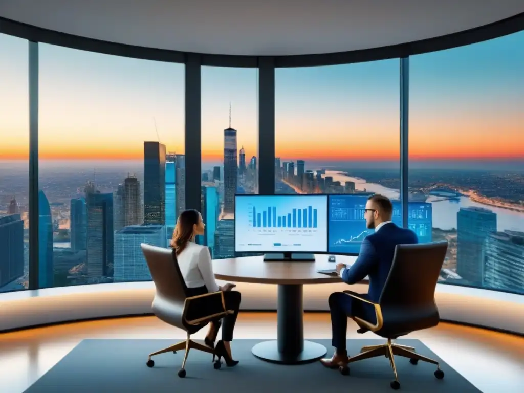 Oficina inmobiliaria ultramoderna con vista panorámica Oficina inmobiliaria moderna con herramientas valoración propiedades inmobiliarias, profesional y vibrante