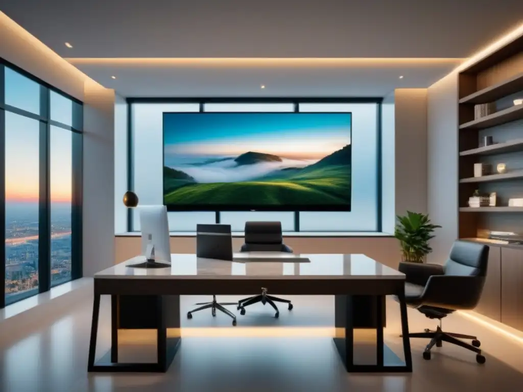 Oficina inmobiliaria de lujo: profesionales en acción Oficina inmobiliaria moderna y lujosa con agentes profesionales en reunión, reflejando ética en el mercado inmobiliario