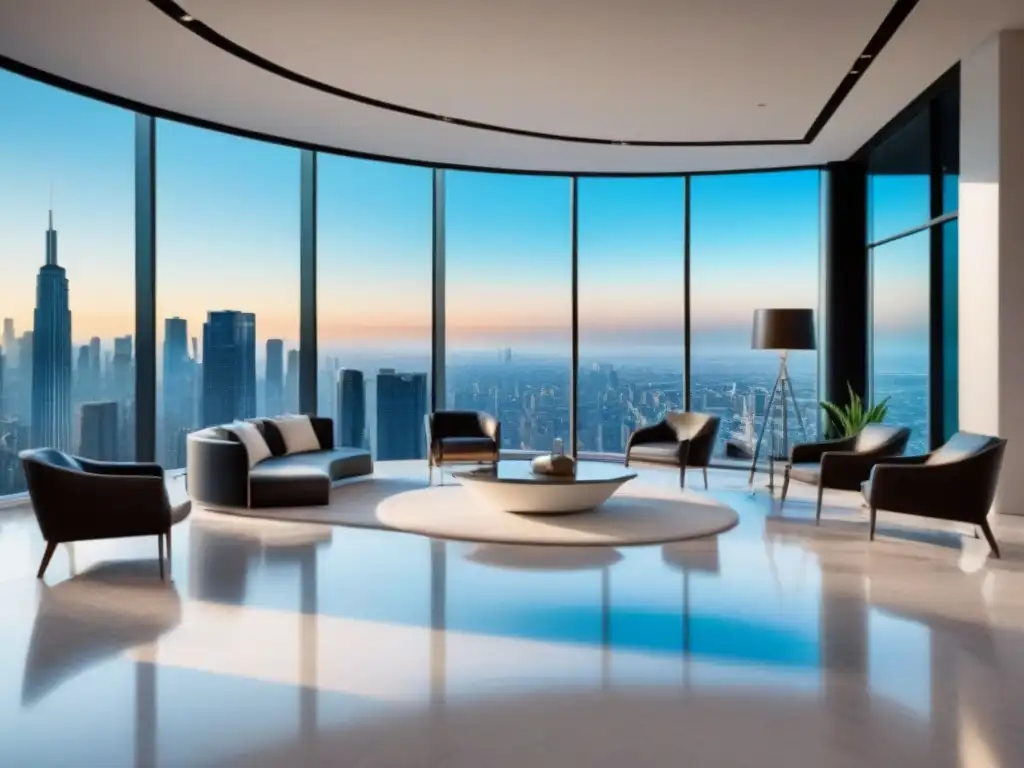 Lobby inmobiliario de lujo con vista panorámica y tecnología de vanguardia Oficina inmobiliaria moderna y lujosa con vista a la ciudad, diseño minimalista y tecnología de vanguardia