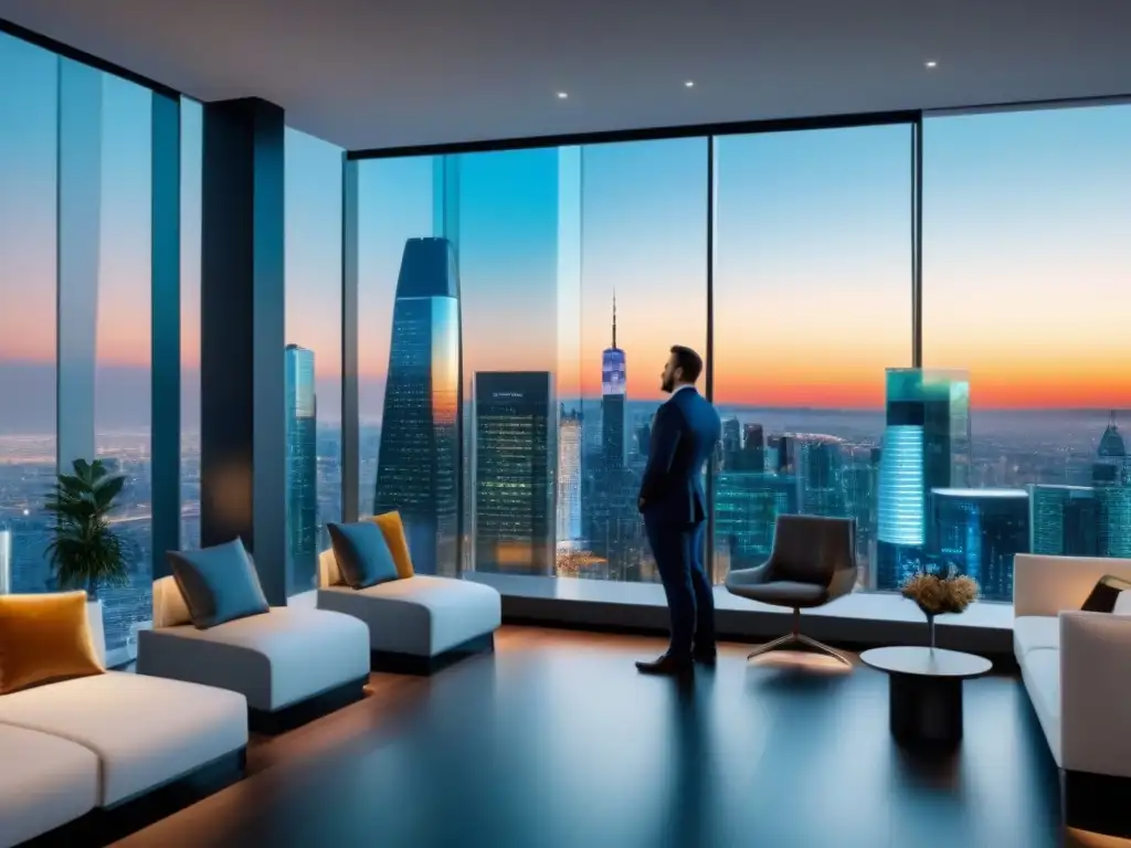 Oficina inmobiliaria de lujo y vanguardia con vista urbana Oficina inmobiliaria moderna y lujosa con tecnología futurista y beneficios chatbots en inmobiliaria