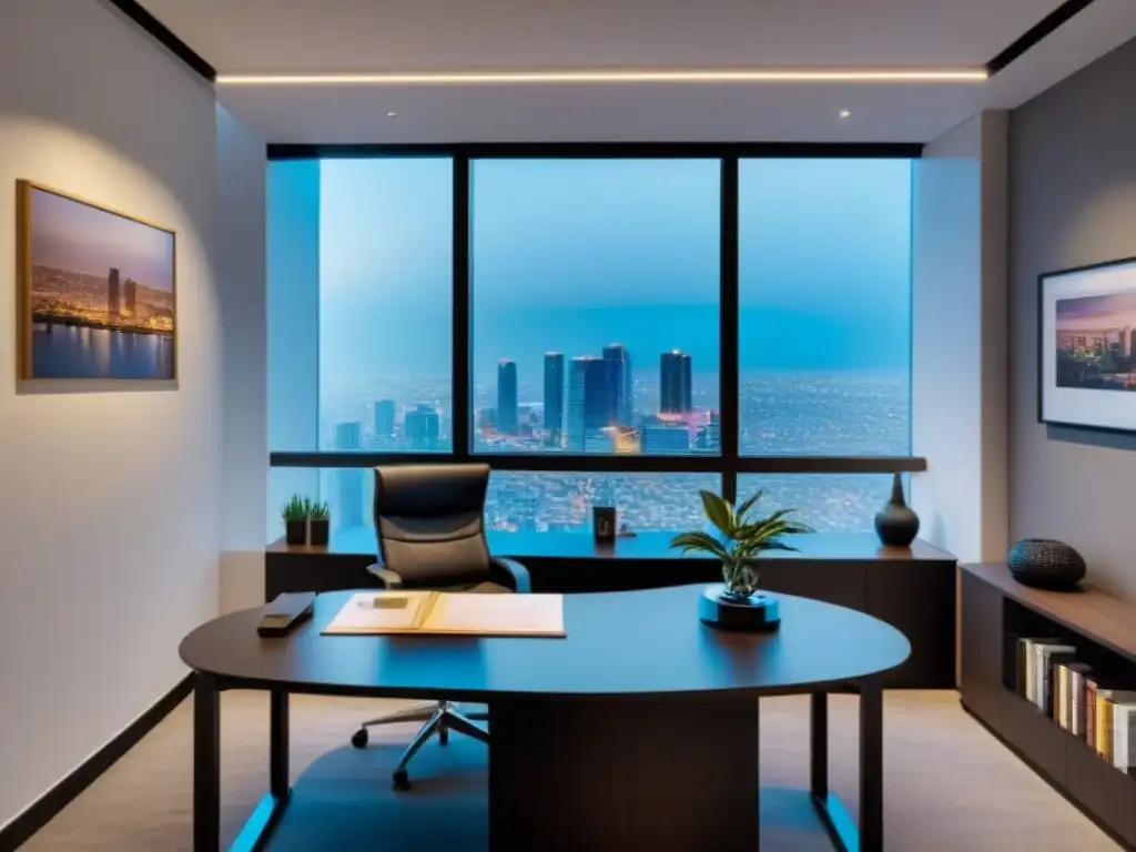 Oficina inmobiliaria moderna en México: 8k ultradetallada con profesional asesorando cliente Oficina inmobiliaria moderna en México con muebles elegantes, grandes ventanas y detalles sobre impuestos compra inmuebles México