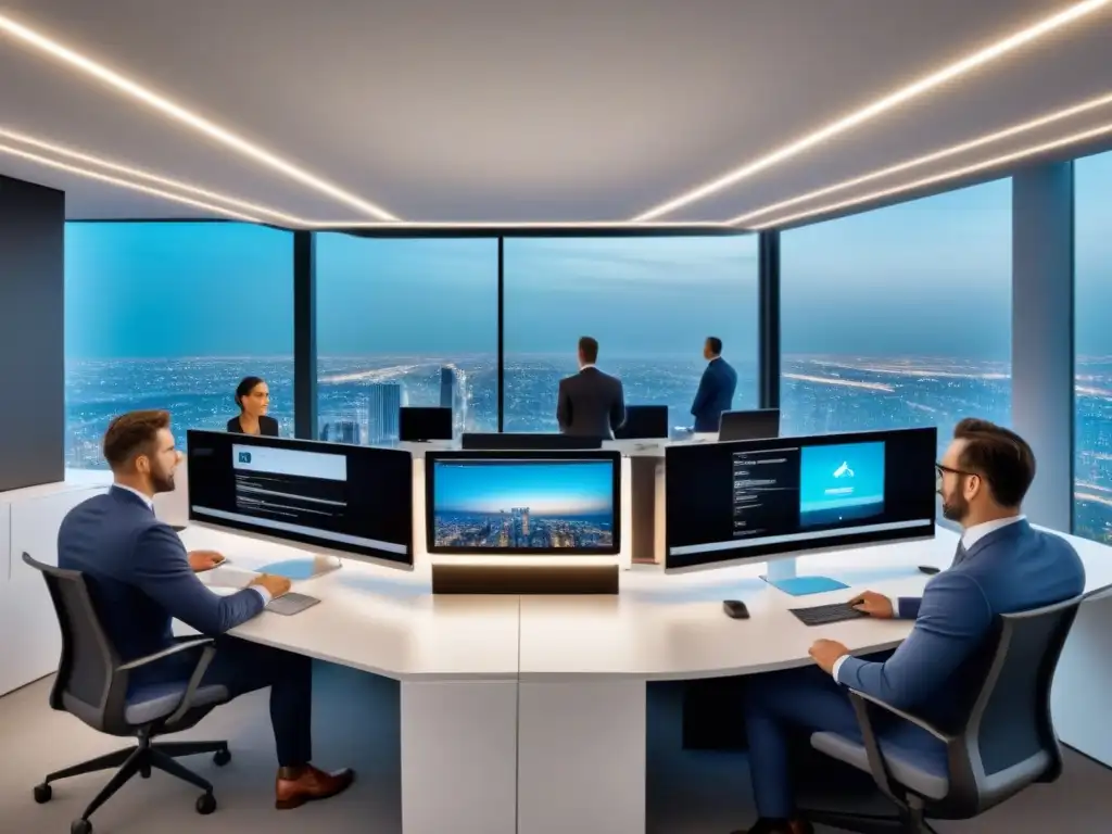 Oficina inmobiliaria moderna y dinámica: innovación y profesionalismo Oficina inmobiliaria moderna con profesionales planificando estrategias de marketing en redes sociales