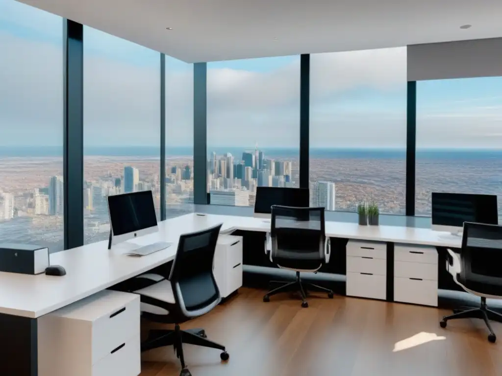 Oficina inmobiliaria moderna con vista a la ciudad Oficina inmobiliaria moderna con profesionales diversificados debatiendo estrategias: ¡Mejores software gestión propiedades inmobiliarias!