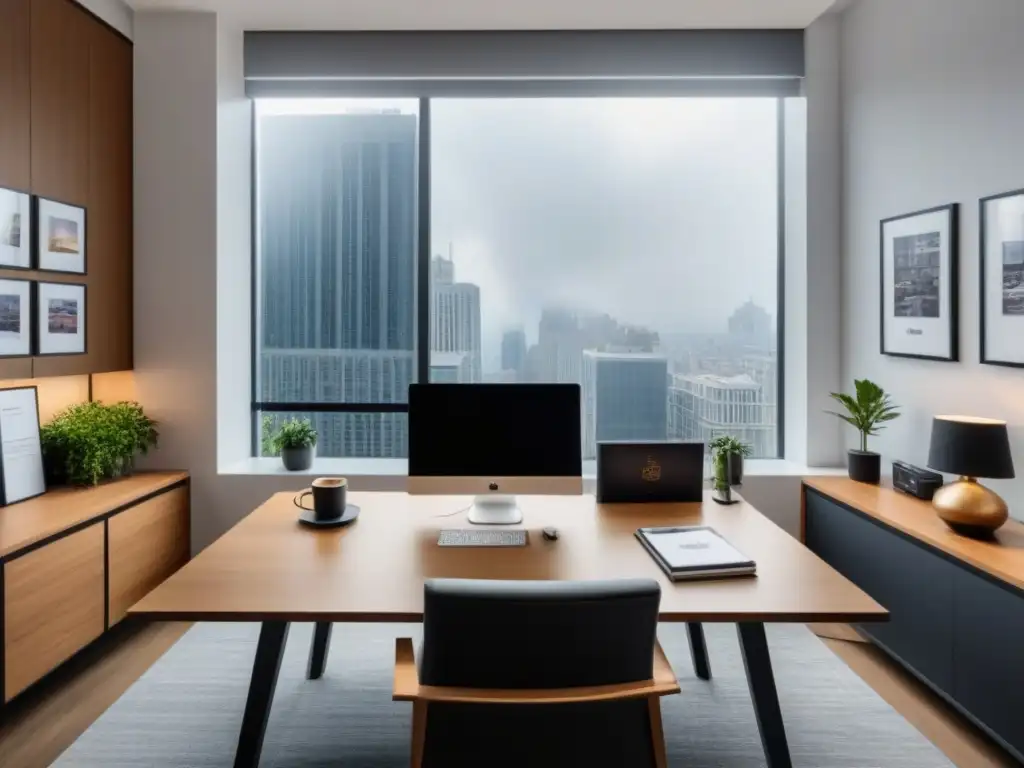 Oficina inmobiliaria de lujo: eficiencia y estilo para vender propiedades Una oficina inmobiliaria moderna y sofisticada con estrategias efectivas para vender propiedades