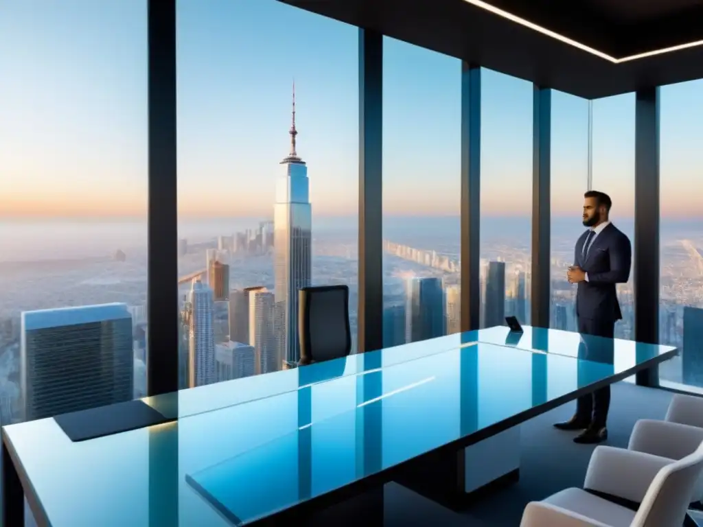 Oficina inmobiliaria futurista con transparencia y tecnología Oficina inmobiliaria moderna y sofisticada con transparencia en transacciones inmobiliarias