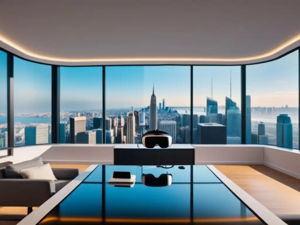 Oficina inmobiliaria moderna con VR: innovación y profesionalismo Oficina inmobiliaria moderna con visores de realidad virtual en un ambiente profesional e innovador