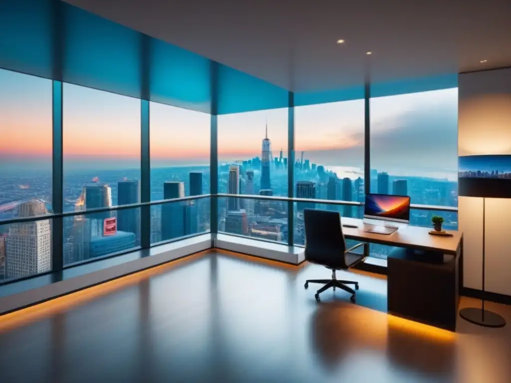 Oficina inmobiliaria moderna y elegante con vista a la ciudad Oficina inmobiliaria moderna con vista a la ciudad, muebles contemporáneos y tecnología avanzada