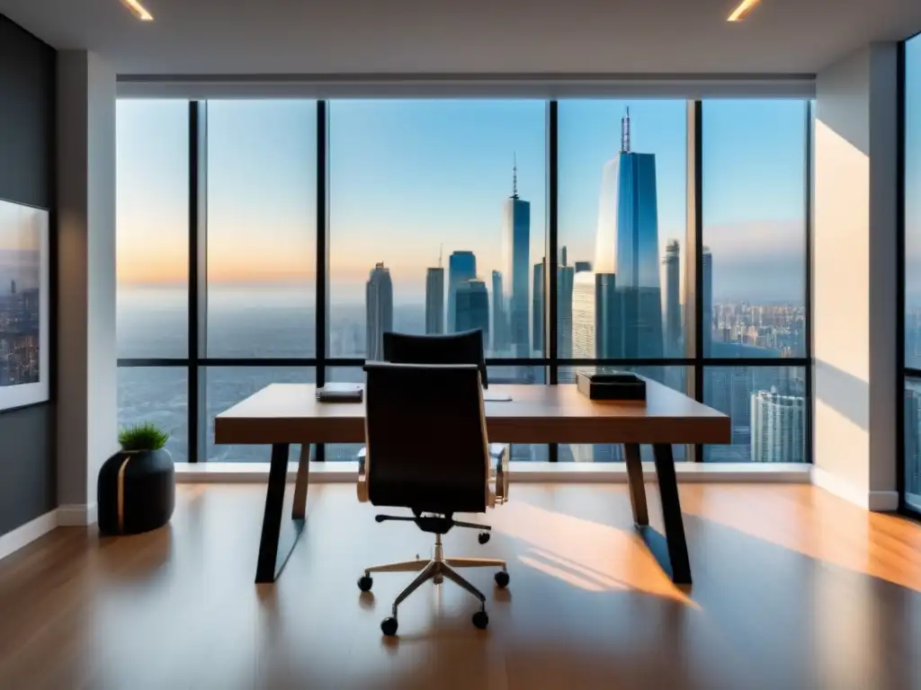Oficina inmobiliaria de lujo con vista urbana y elegante diseño Oficina inmobiliaria moderna con vista a la ciudad, escritorio minimalista y llaves de propiedad