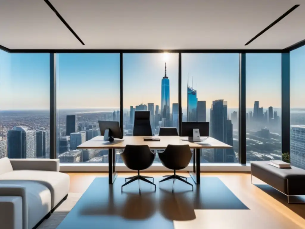Oficina inmobiliaria moderna con tecnología avanzada y vistas urbanas Oficina inmobiliaria moderna con vista a la ciudad, muebles contemporáneos y tecnología avanzada