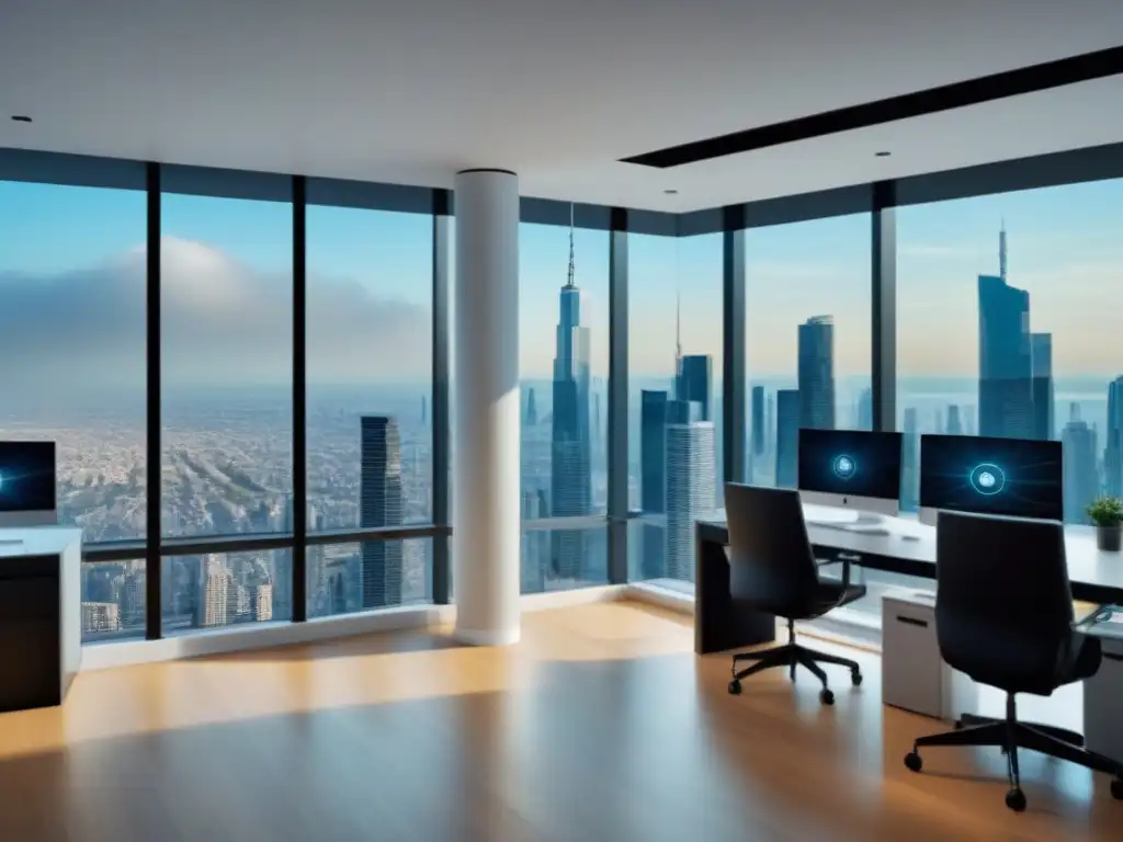 Oficina inmobiliaria digital de lujo en la ciudad Oficina inmobiliaria moderna con vista urbana