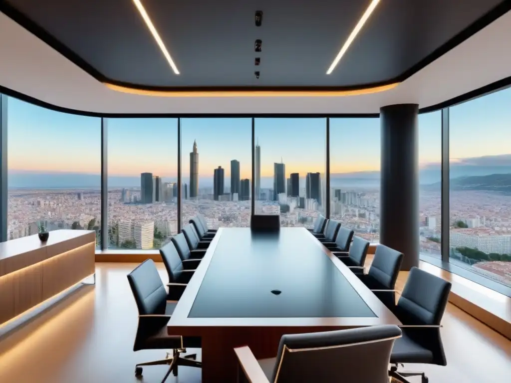 Oficina de abogados moderna en España: elegancia y profesionalismo Oficina legal moderna en España con vista panorámica de la ciudad, abogados discutiendo sobre transacciones inmobiliarias